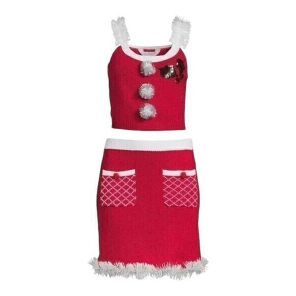 No Boundaries Red Knit Crop Top Skirt Set Holiday‎ Sequin Pom Pom Ruffle Size M